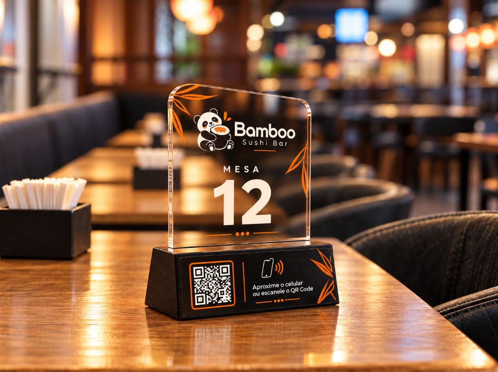Ponto de interação de mesa com NFC e QR Code personalizado para a Bamboo Sushi Bar